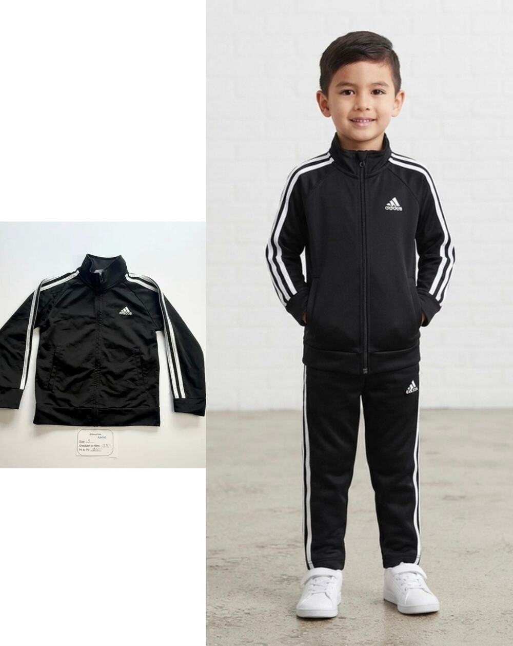 Adidas Boys Black Track Jacket Size 5 3-Stripe Full Zip